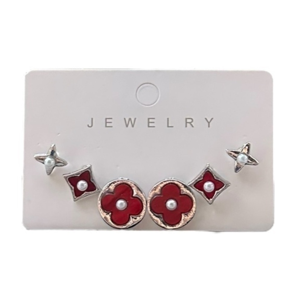 5/$25 Set of 3 Pair Red & Silver Stud Earrings
